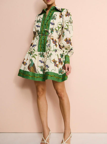 Vintage Flip-Print Long-Sleeve Mini Dress