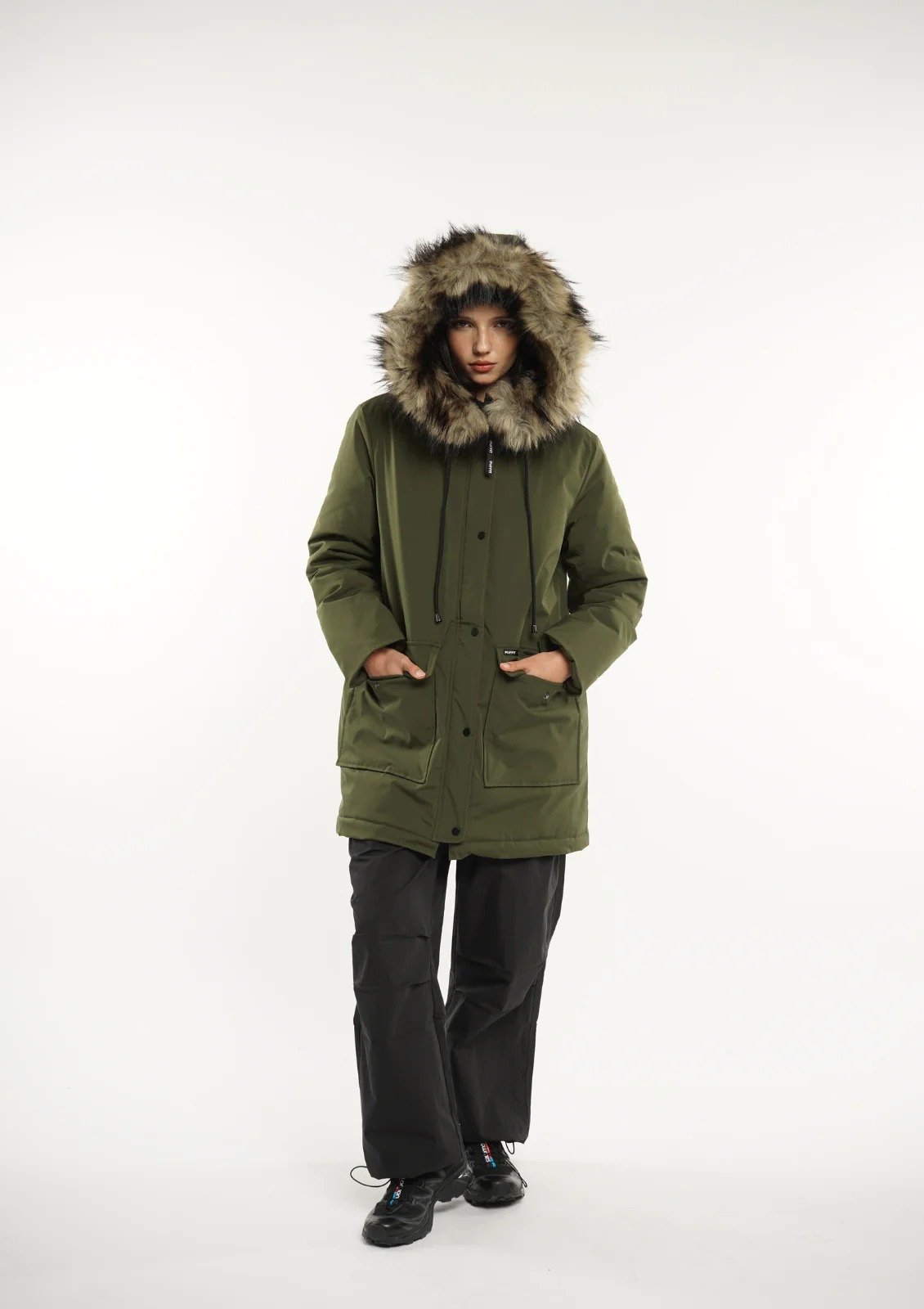 Faux Fur Mid-Length Hooded Parka With Large Pockets Splashproof