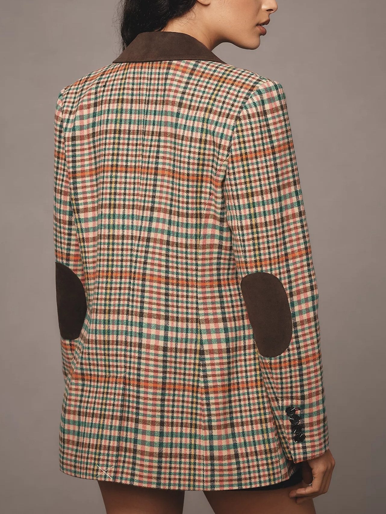 Double-Breasted Elbow-Patch Plaid Jacket