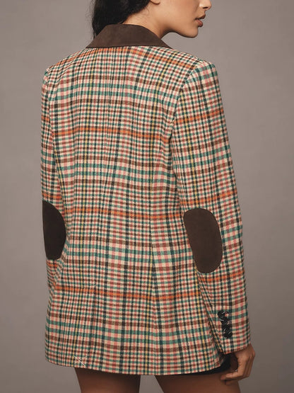 Double-Breasted Elbow-Patch Plaid Jacket