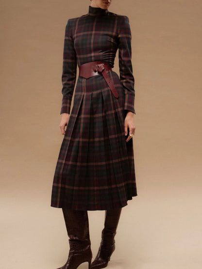 Plaid High Neck Maxi Dress Without Belt