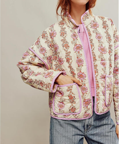 Cropped Puffer Jacket Lightweight Floral Printed Coat