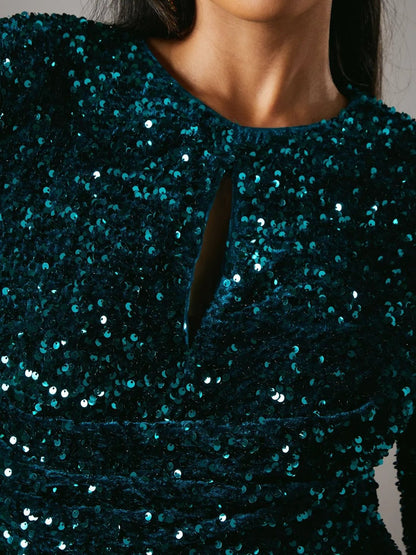 Sequin Velvet Wrap Dress With Flare Sleeve