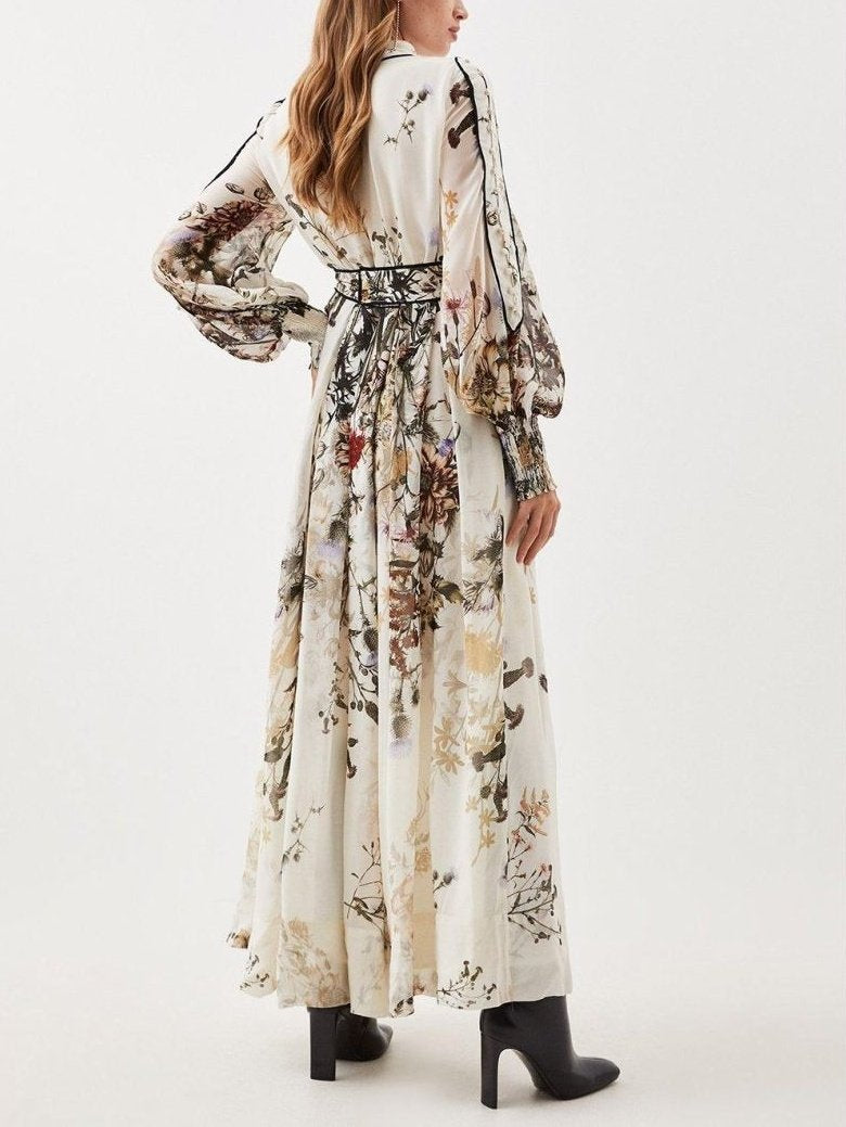 Floral Print Patchwork Lace Up Maxi Dress