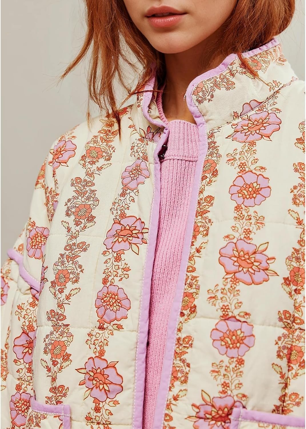 Cropped Puffer Jacket Lightweight Floral Printed Coat