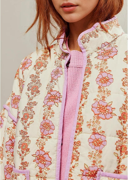 Cropped Puffer Jacket Lightweight Floral Printed Coat