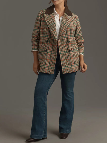 Double-Breasted Elbow-Patch Plaid Jacket