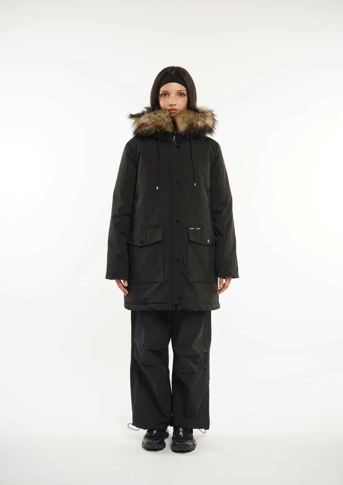 Faux Fur Mid-Length Hooded Parka With Large Pockets Splashproof