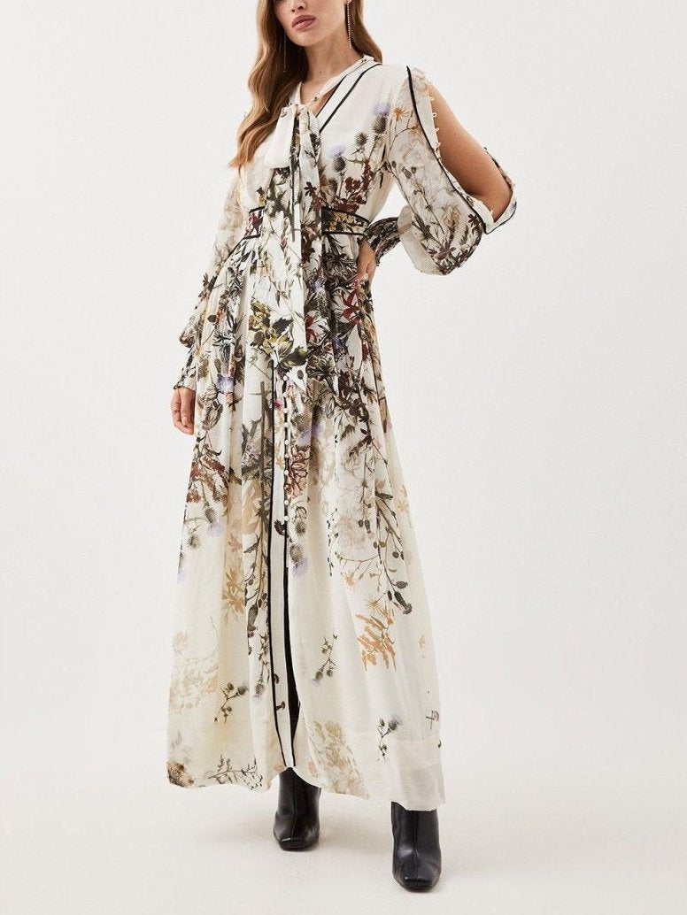 Floral Print Patchwork Lace Up Maxi Dress