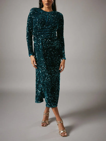 Sequin Velvet Wrap Dress With Flare Sleeve