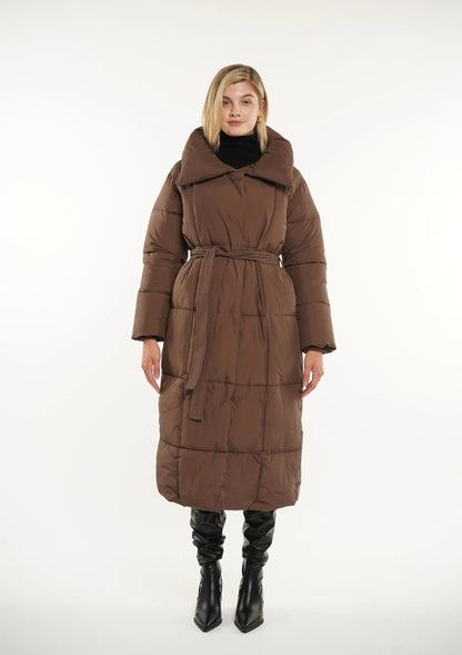 Extra Long Length Belted Button Puffer Jacket Splashproof