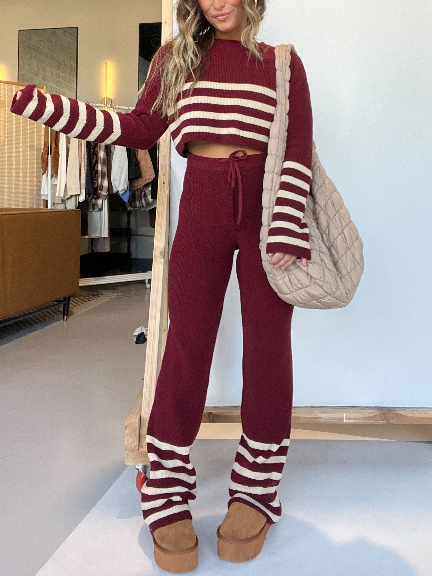 Near The Fireplace Striped Pant Set Burgundy