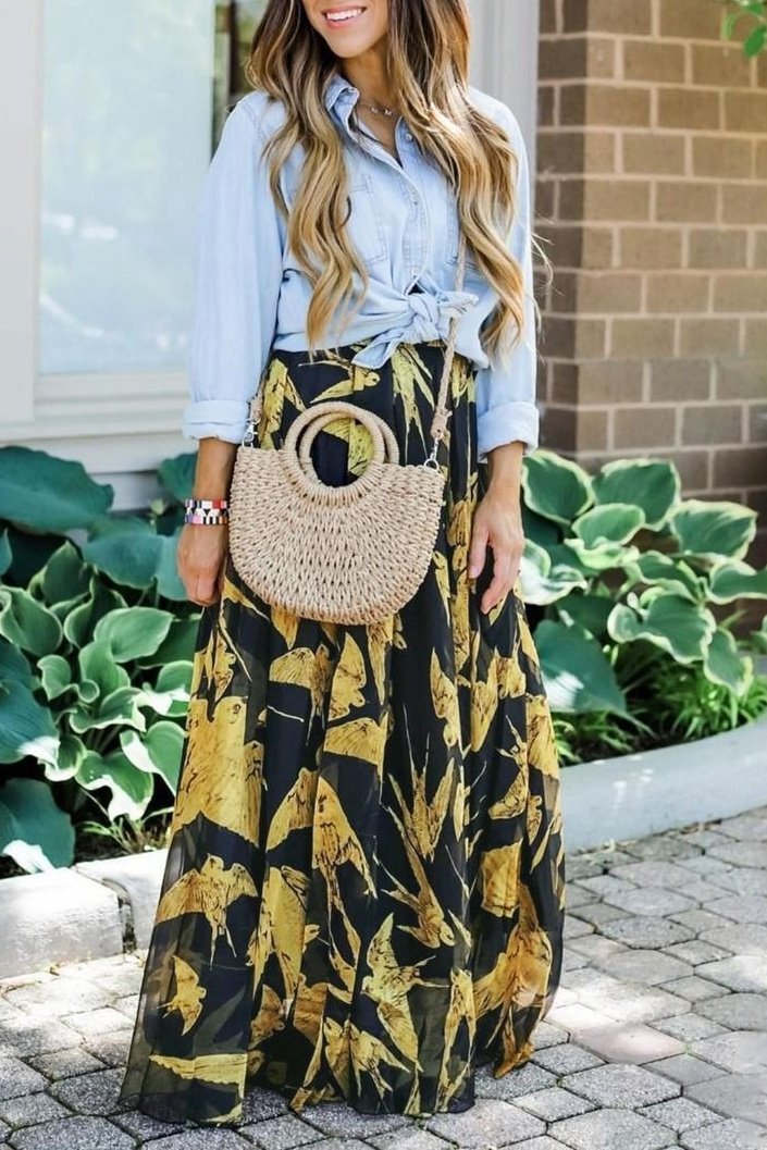 Swallows Print Maxi Skirt