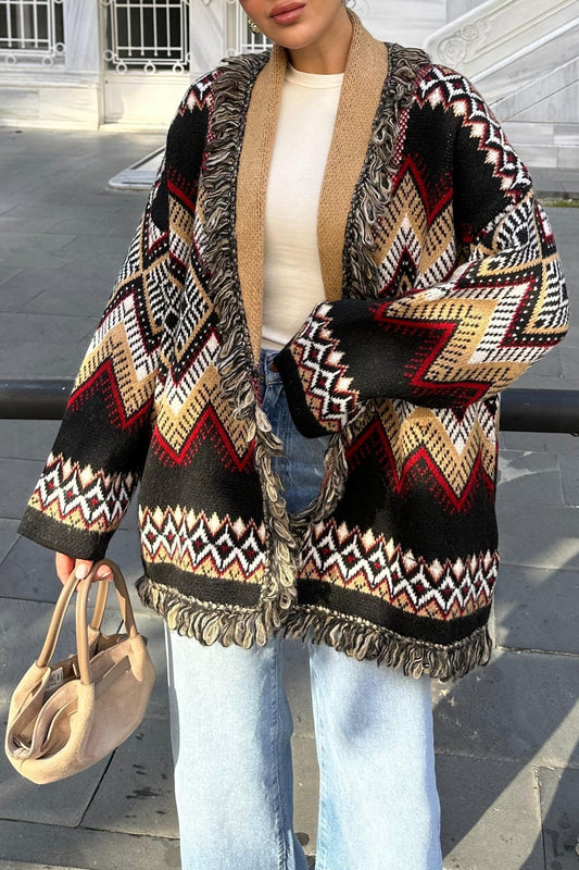 Multi-color Fringed Knit Cardigan