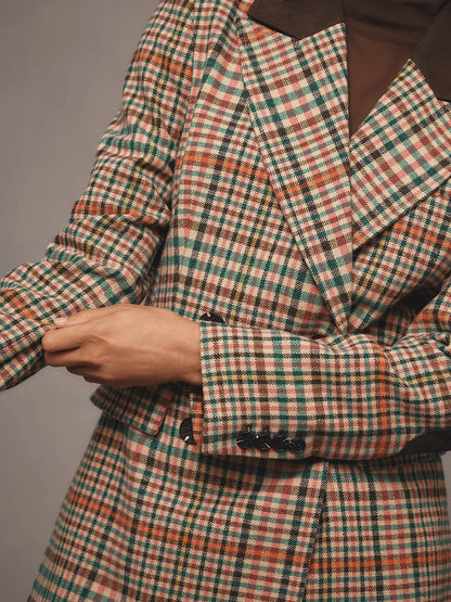 Double-Breasted Elbow-Patch Plaid Jacket