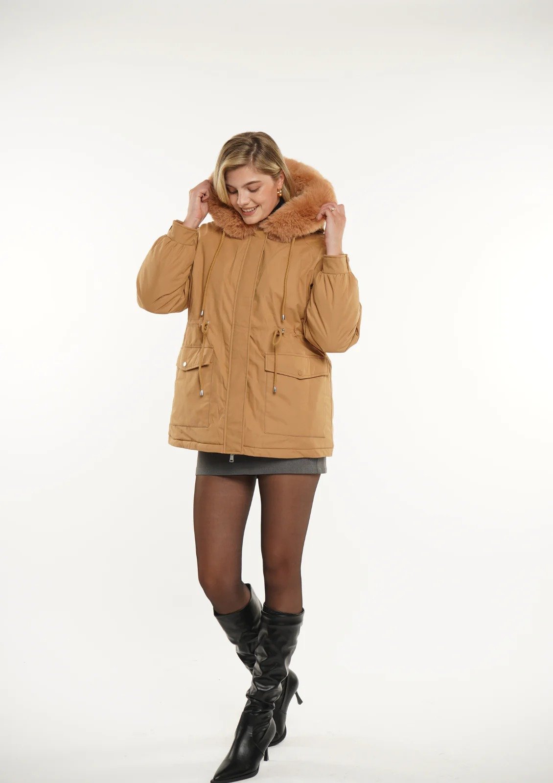 Faux Fur Mid-Length Hooded Drawstring Parka Splashproof