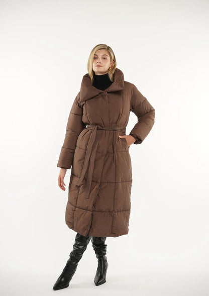 Extra Long Length Belted Button Puffer Jacket Splashproof