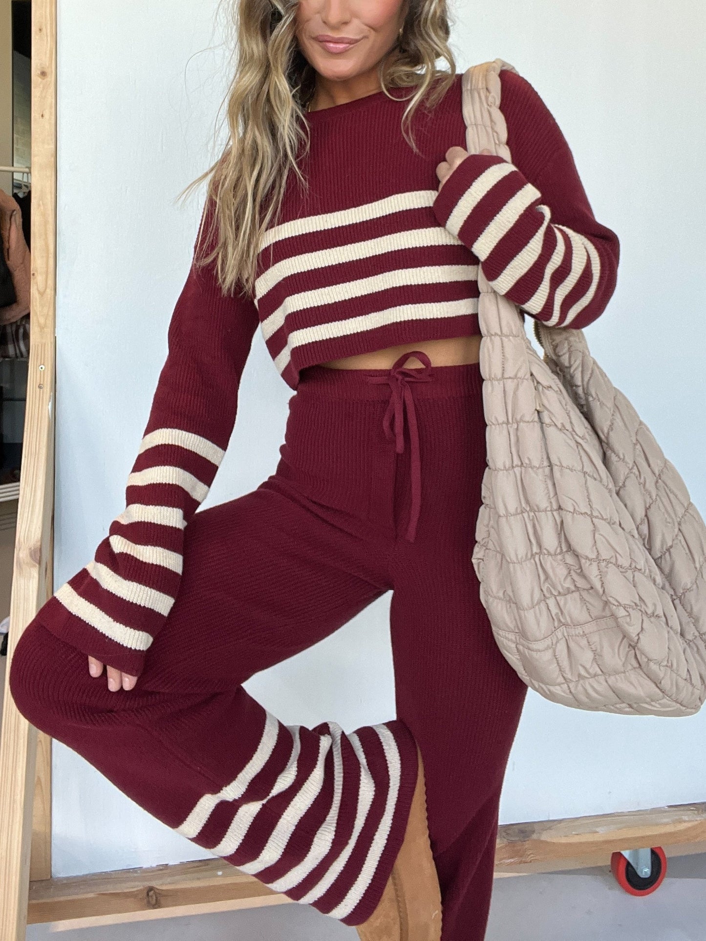 Near The Fireplace Striped Pant Set Burgundy