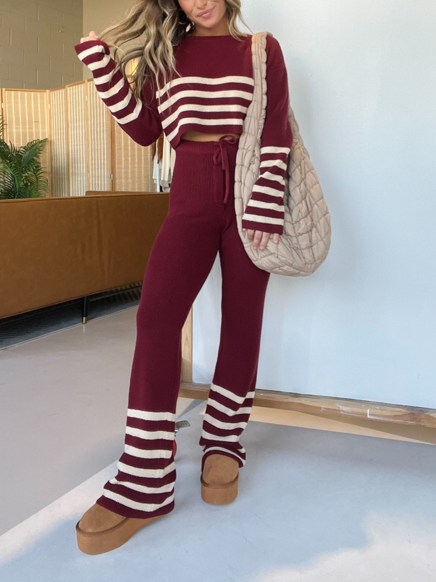 Near The Fireplace Striped Pant Set Burgundy