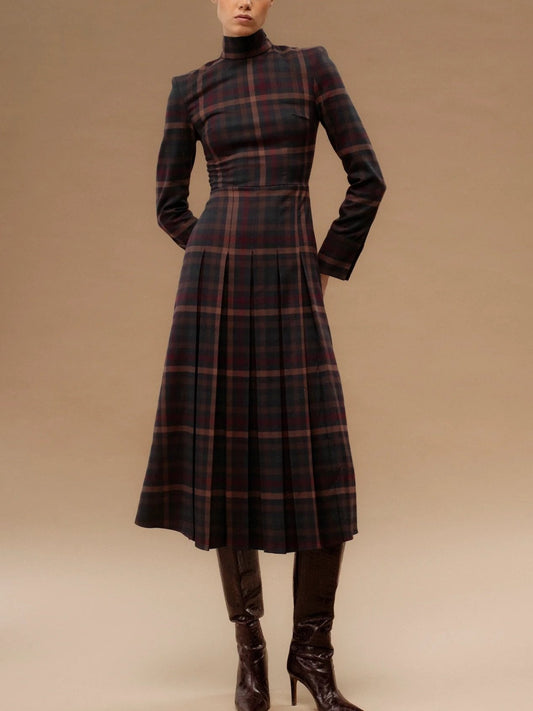 Plaid High Neck Maxi Dress Without Belt