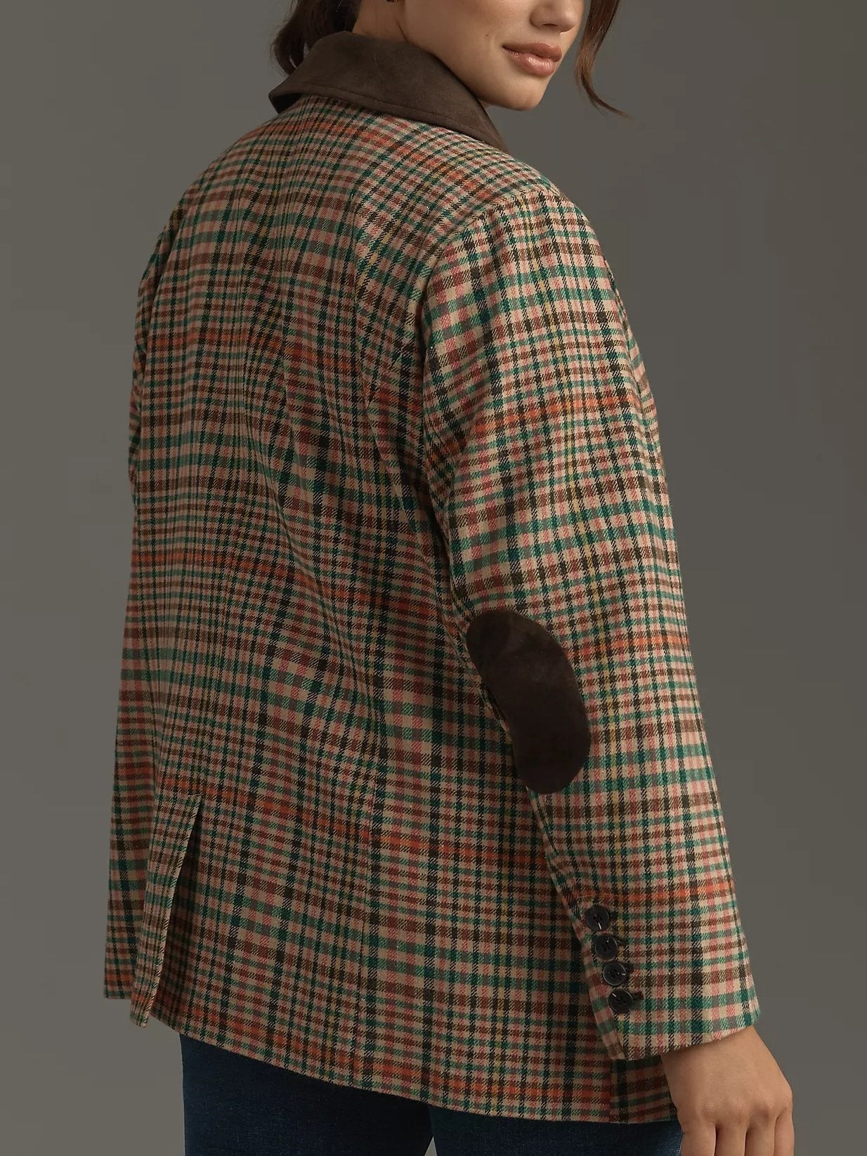 Double-Breasted Elbow-Patch Plaid Jacket