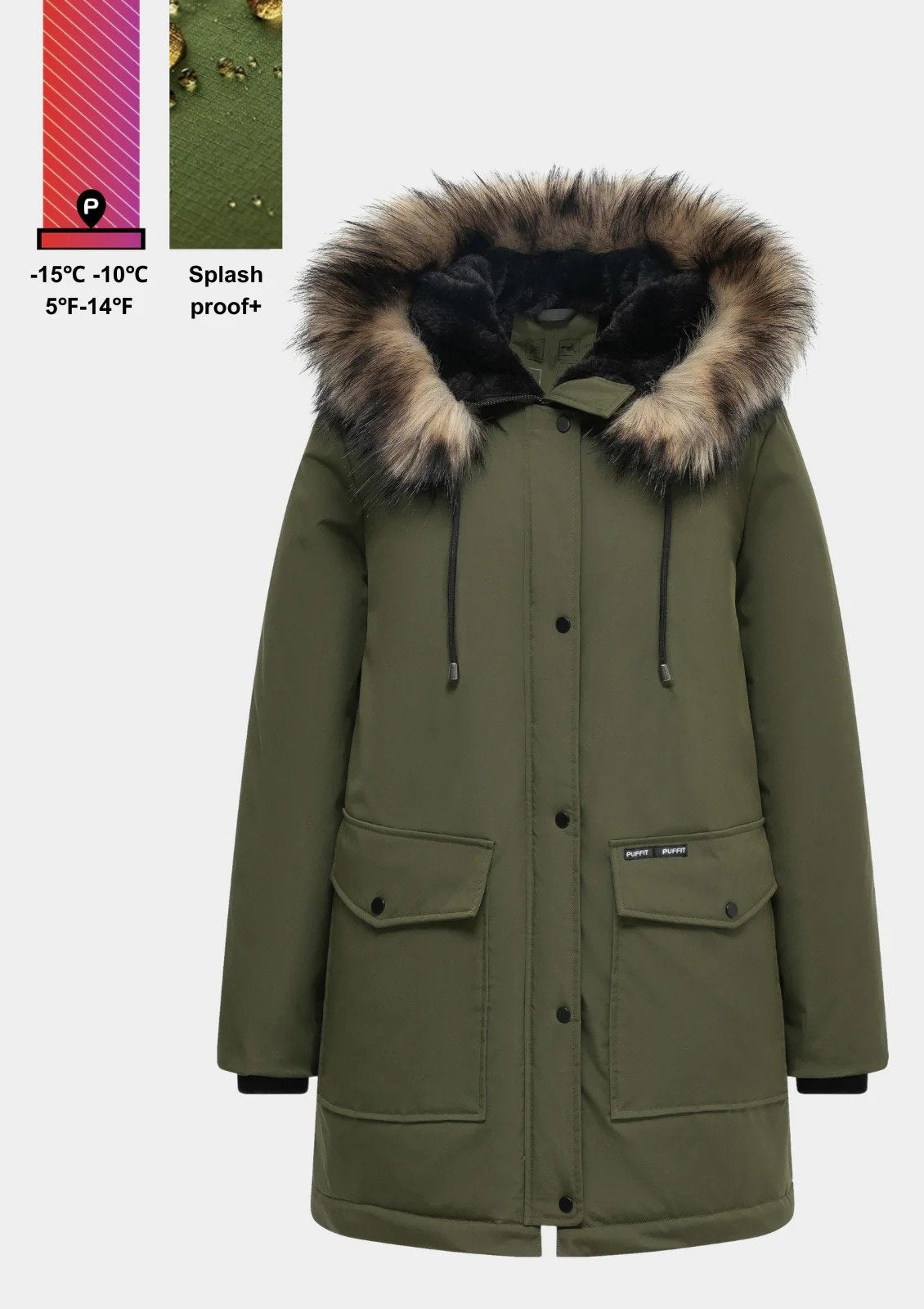 Faux Fur Mid-Length Hooded Parka With Large Pockets Splashproof