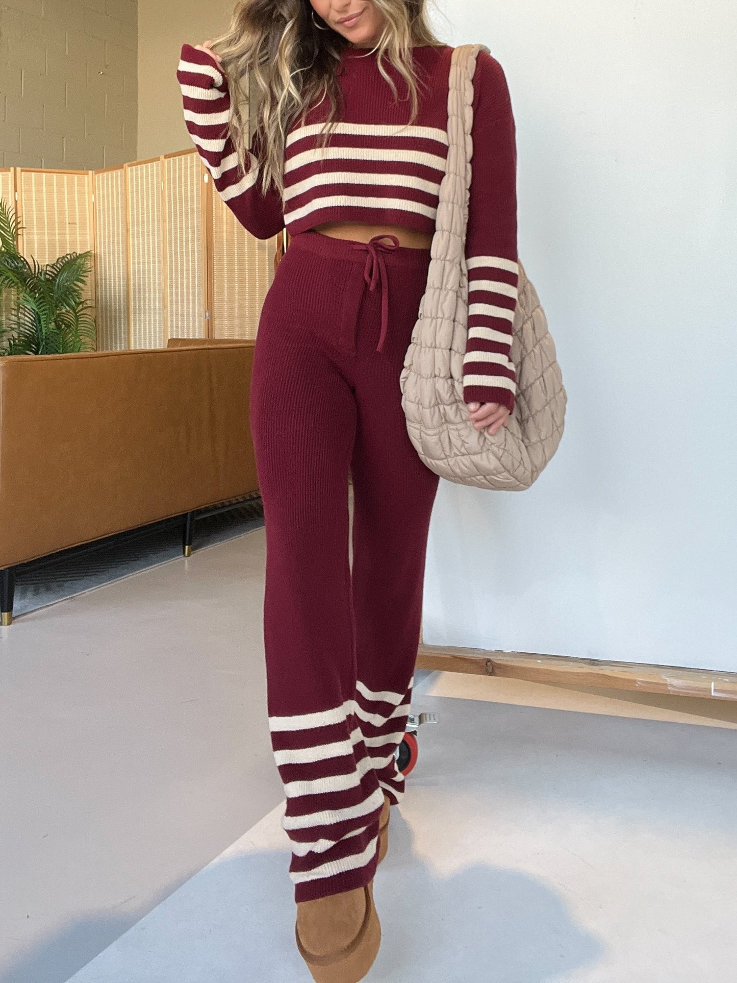 Near The Fireplace Striped Pant Set Burgundy