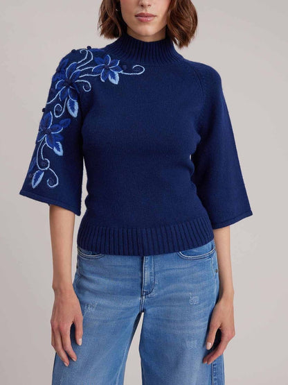 Blue Embroidered Knit Sweater