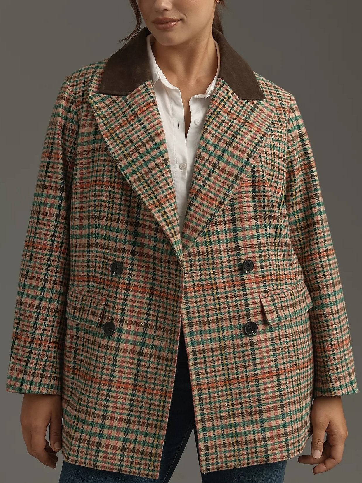 Double-Breasted Elbow-Patch Plaid Jacket