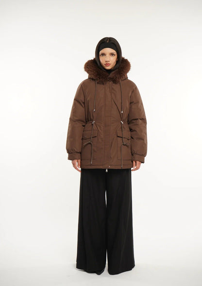 Faux Fur Mid-Length Hooded Drawstring Parka Splashproof