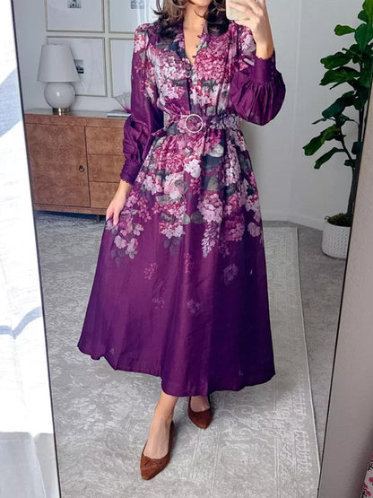 Printed Belted Long Sleeve Button Front Maxi Dress