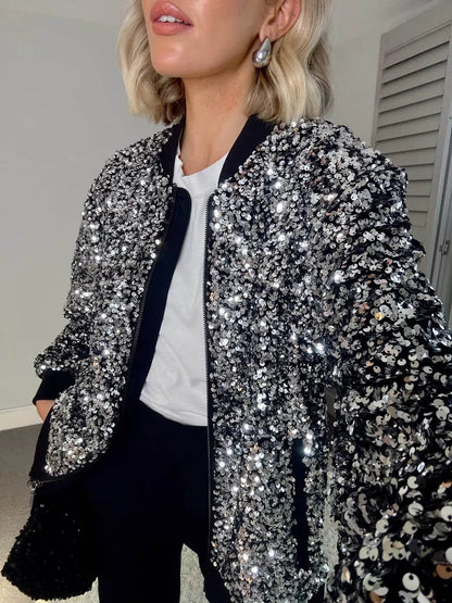 Sequin Relaxed Bomber Jacket