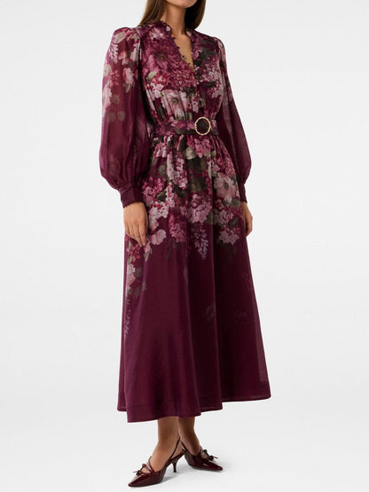 Printed Belted Long Sleeve Button Front Maxi Dress