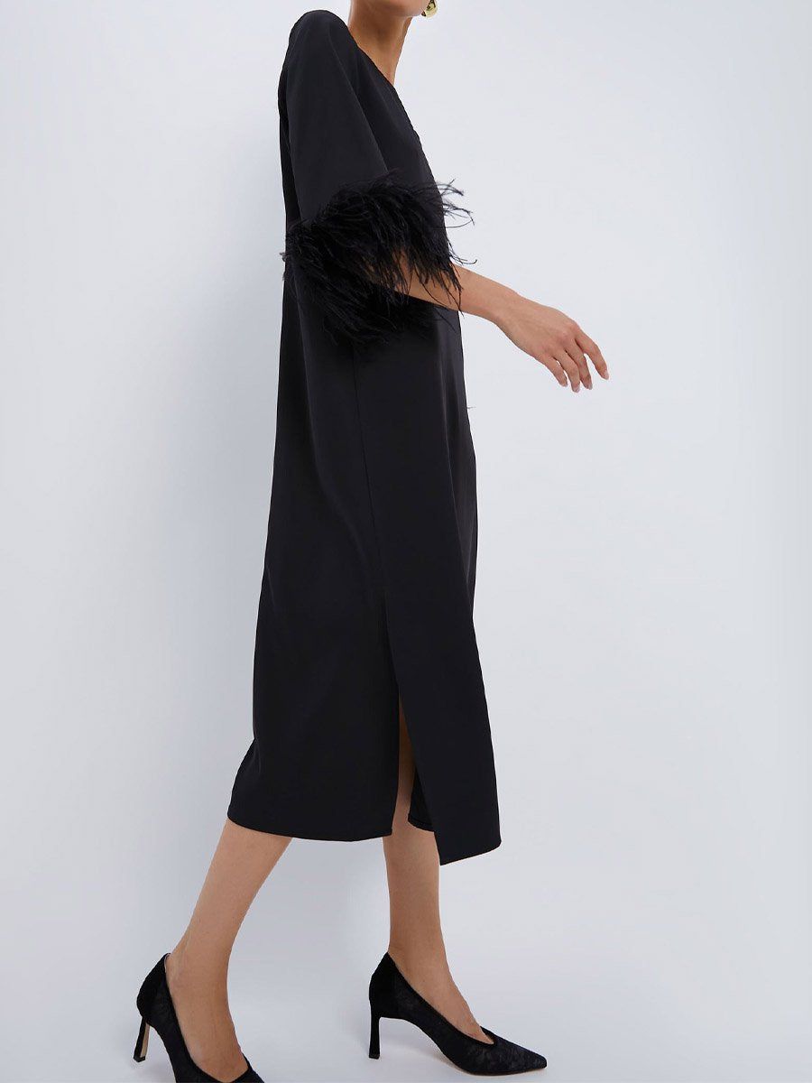 Crewneck Feather Cuffs Side Slit Dress