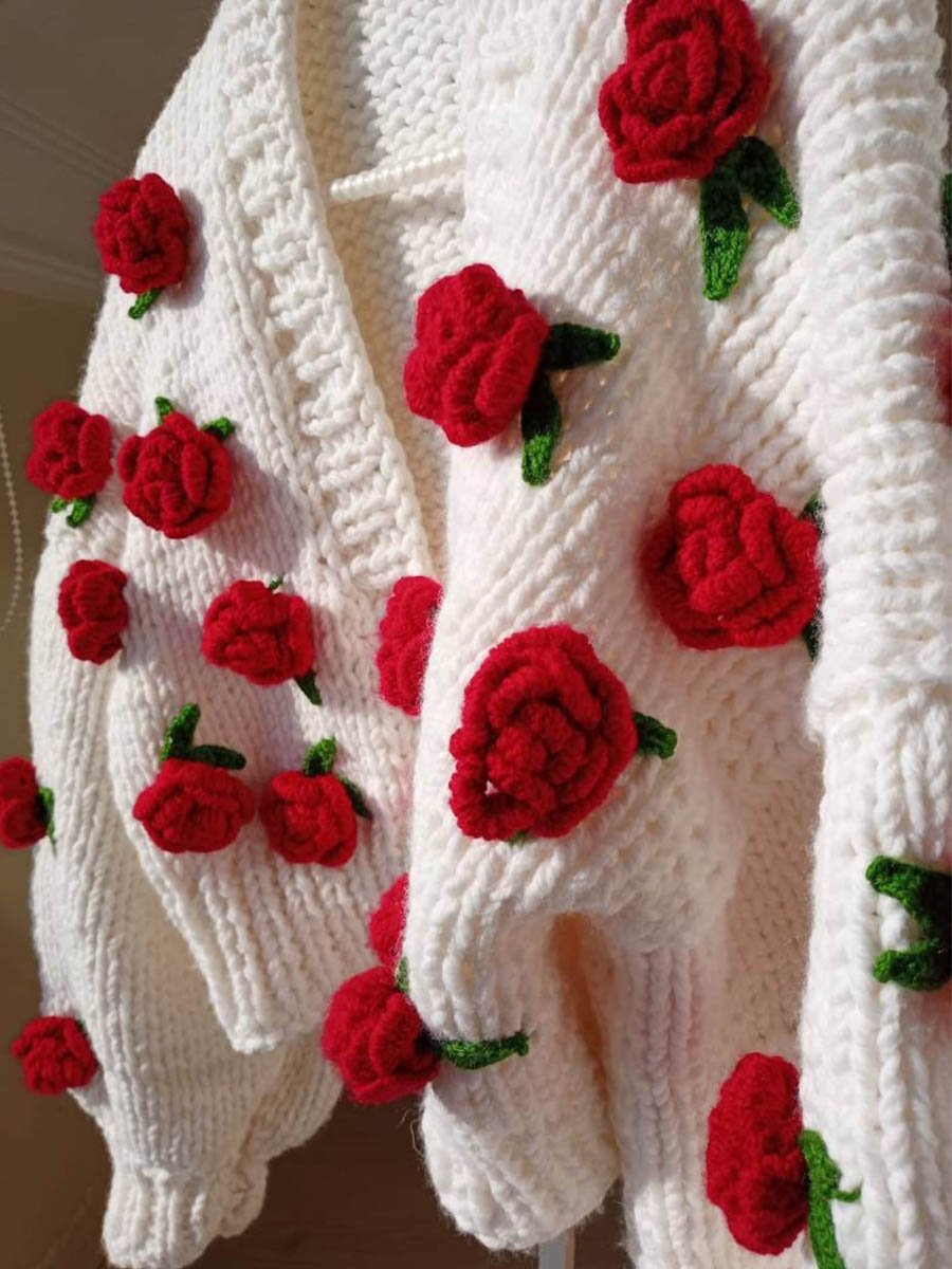 Rose Flower Sweater Knitted Cardigan