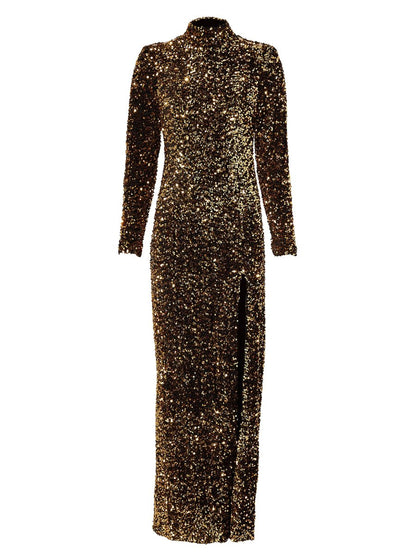 Slit Hem High Neck Sequin Maxi Dress