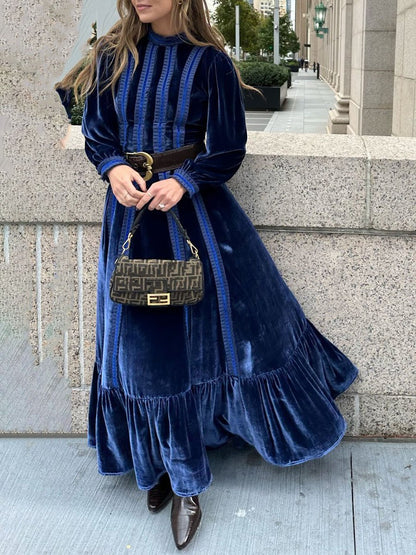 Patchwork Ruffled Velvet Long Sleeve Maxi Dress