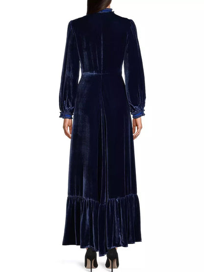 Patchwork Ruffled Velvet Long Sleeve Maxi Dress