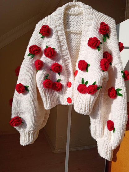 Rose Flower Sweater Knitted Cardigan