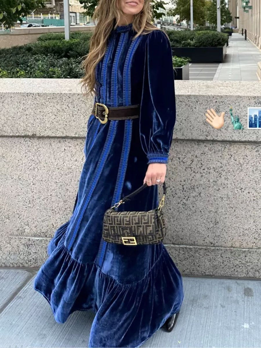 Patchwork Ruffled Velvet Long Sleeve Maxi Dress