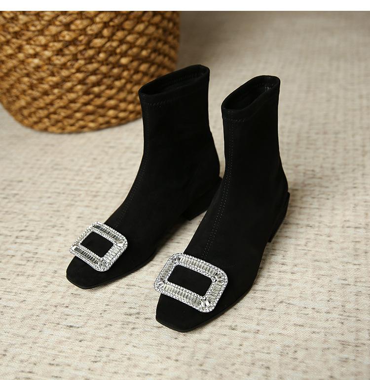 Suede Square Toe Rhinestone Boots