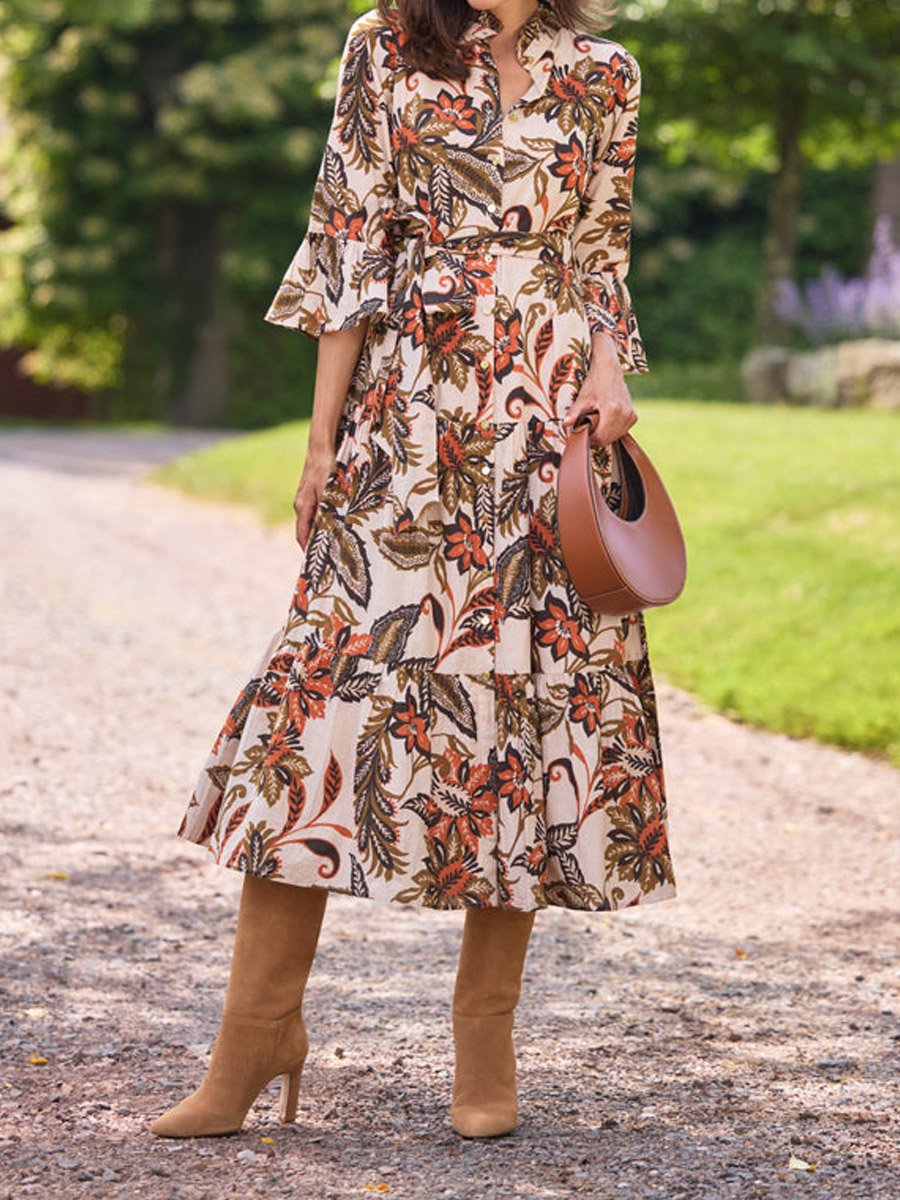 Ruffle Mock Neck Long Sleeve Floral Print Belted Midi A-Line Dress