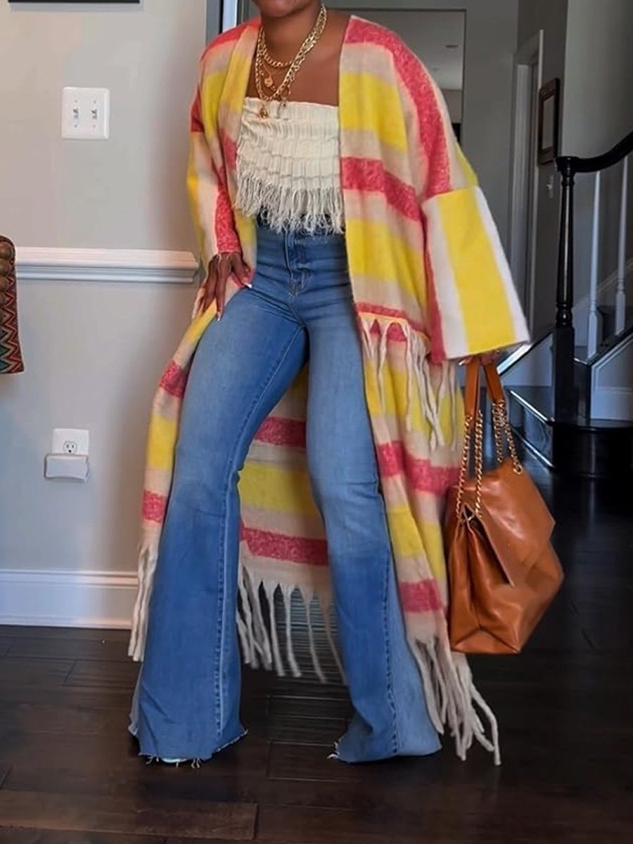 Casual Colorblock Tassel Knit Coat