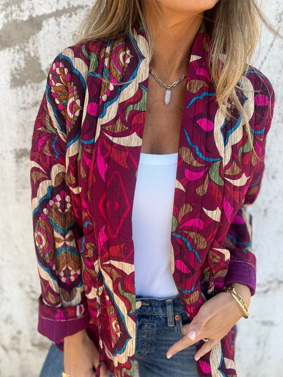 Floral Print Tie Up Long Sleeve Jacket