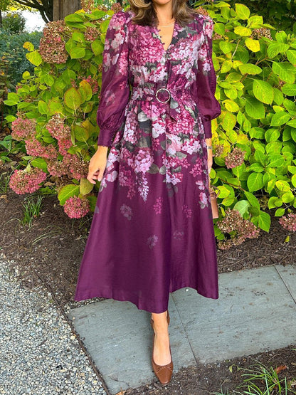 Printed Belted Long Sleeve Button Front Maxi Dress