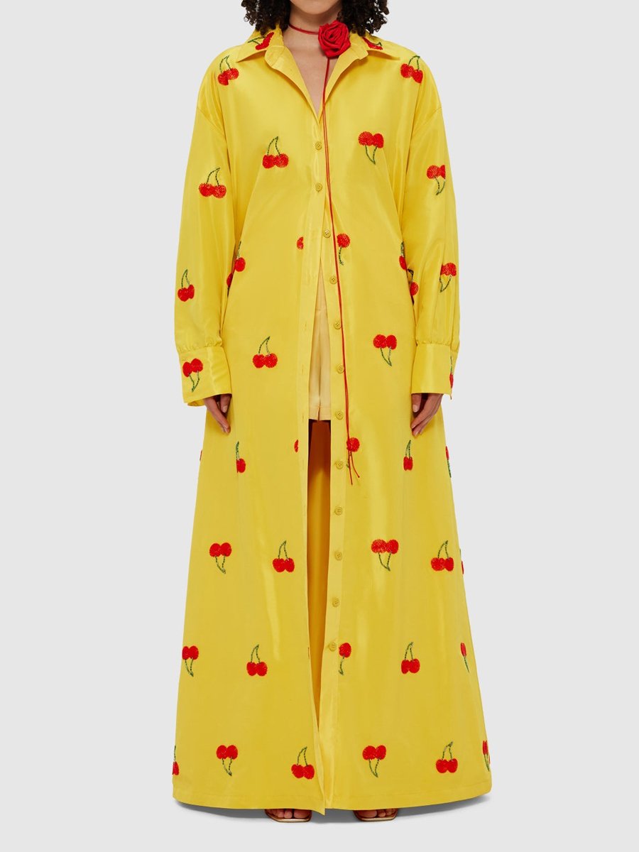 Single-breasted Long-sleeved Cherry-printed Coat