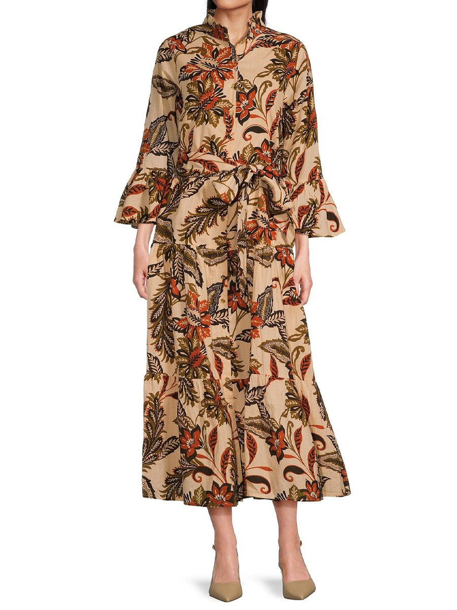 Ruffle Mock Neck Long Sleeve Floral Print Belted Midi A-Line Dress