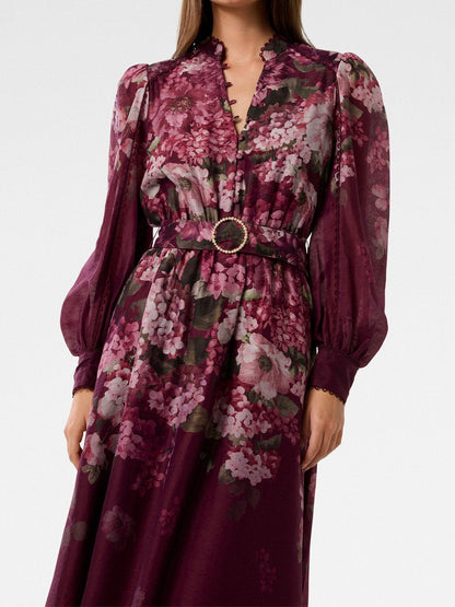 Printed Belted Long Sleeve Button Front Maxi Dress