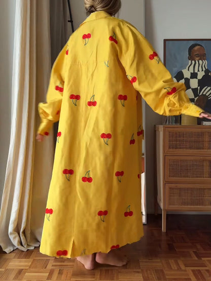 Single-breasted Long-sleeved Cherry-printed Coat