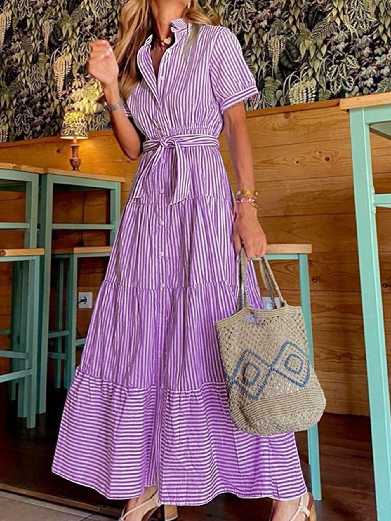 Fashion Striped Tiered Mid Dress